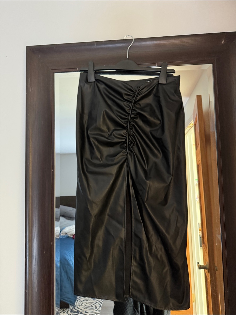 Zara Black Ruched Faux Leather Midi Skirt